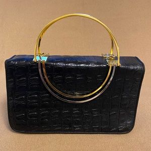 Joy Brandy Exotic Crocodile Patent Leather Satchel Clutch Goldtone Handles small